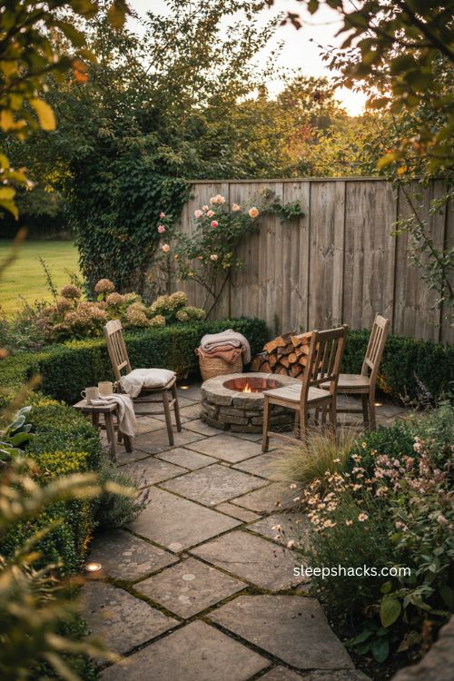 Garden corner fire pit ideas with flagstone patio and lush greenery 
