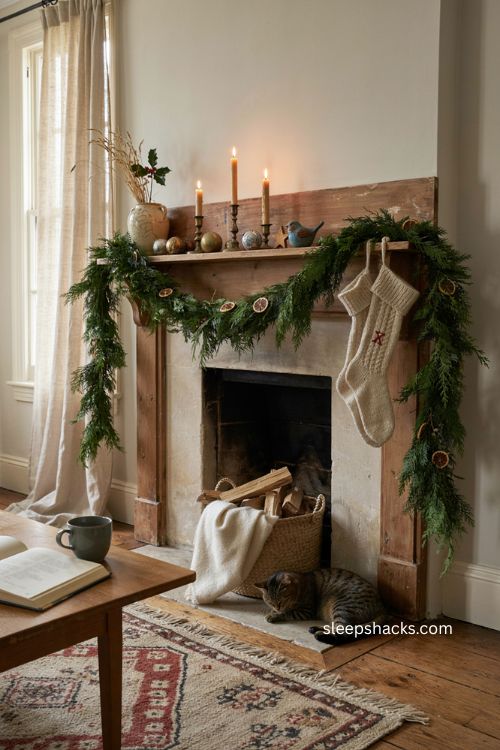 Garland Christmas decor with cozy evergreen mantel styling