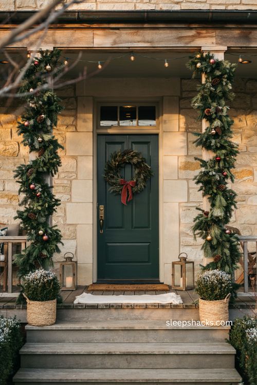 Garland wrapped porch columns Christmas decor with classic farmhouse curb appeal