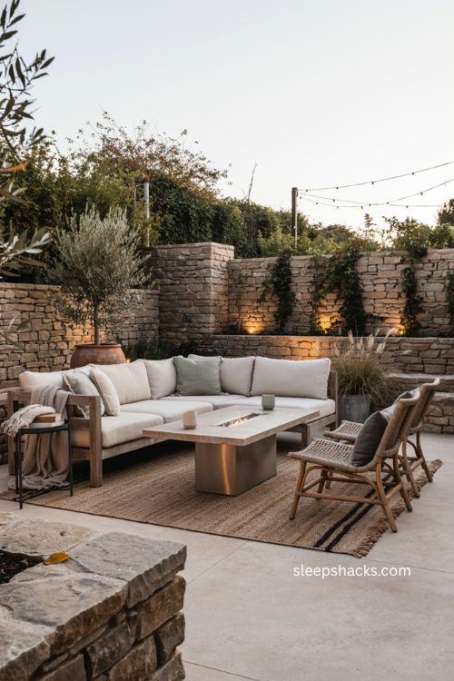 Gas fire table ideas for a finished backyard patio lounge 