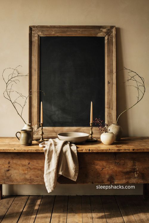 Gather here fall chalkboard statement above a cozy dining room buffet 