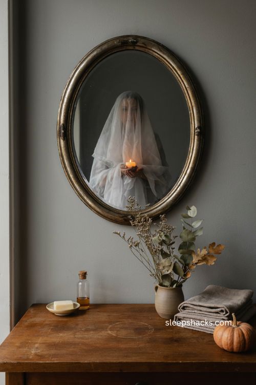 Gauze ghost mirror with warm candle glow and elegant eerie Halloween vanity decor