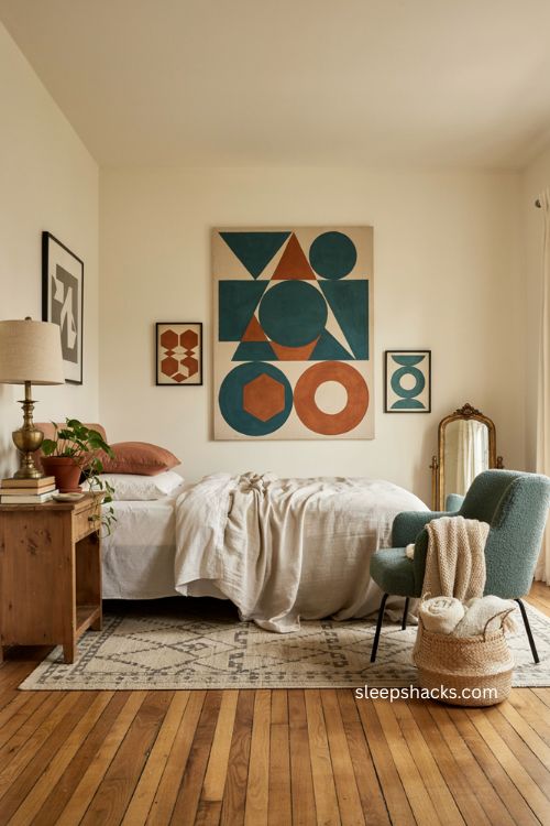Geometric teal and orange art above the bed in a cozy bedroom