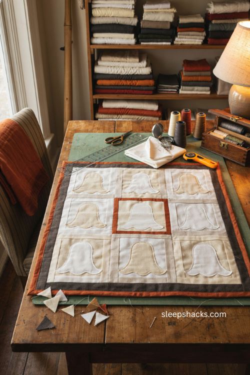 Ghost quilt block with cream white patchwork Halloween fabric and cozy sewing room