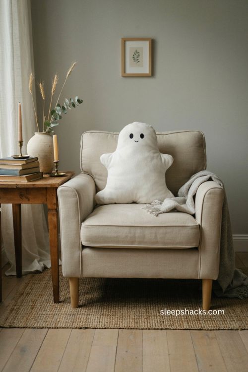 Ghost shaped pillow on accent chair for cozy Halloween decor