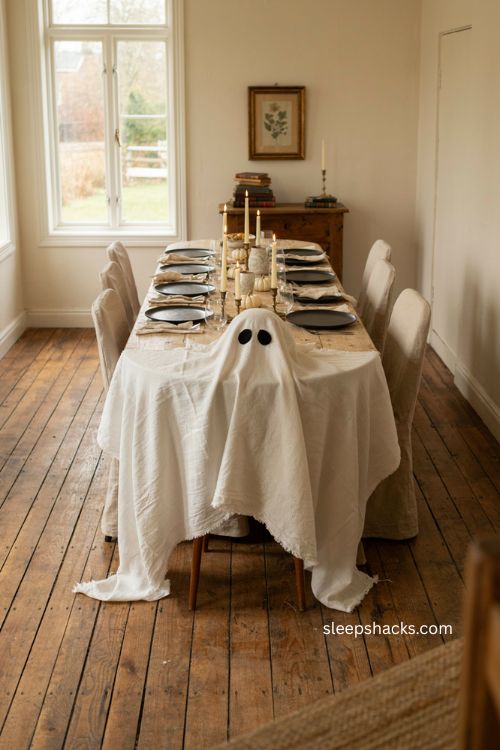 Ghostly draped tablecloth with black plates white candles and cozy Halloween dining decor 