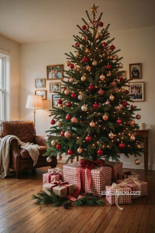 Giant present Christmas tree stand with oversized bow playful family room holiday decor and wrapped gifts 