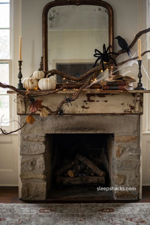 Giant spider web mantle decor ideas for a spooky cozy Halloween fireplace 