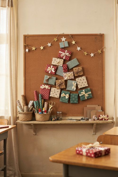 Gift wrapped present wall Christmas bulletin board ideas for a colorful classroom 