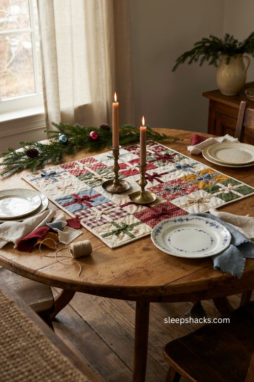 Gifts all around Christmas table topper pattern with scrappy quilted holiday decor