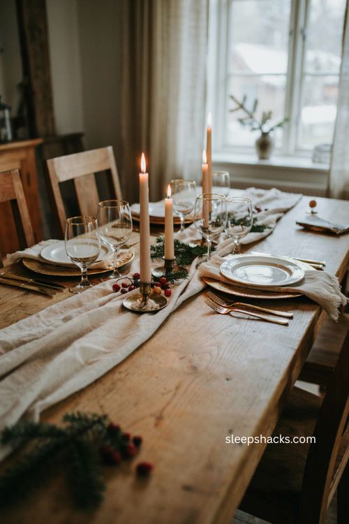 Gilded Christmas table with white plates gold rimmed glasses and candles 