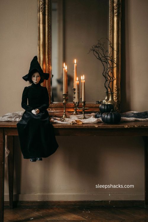 Gilded mirror witch doll and spiderweb console table Halloween entryway decor