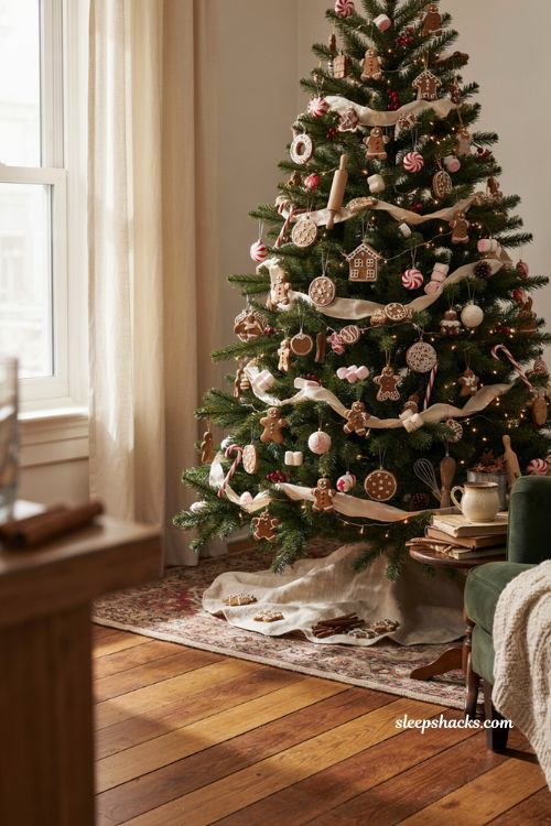 Gingerbread Candyland Christmas tree ideas with cozy warm colors