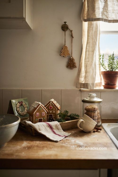 Gingerbread Christmas corner with cookie jar on a cozy kitchen counter 