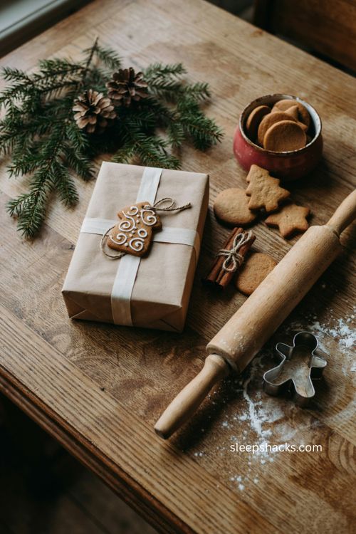 Gingerbread cookie tag Christmas gift wrapping with rustic ribbon 