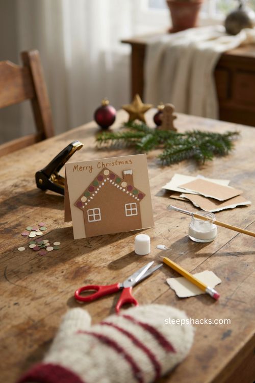 Gingerbread house Christmas card for kids with punched paper candy decorations white icing and easy holiday craft 