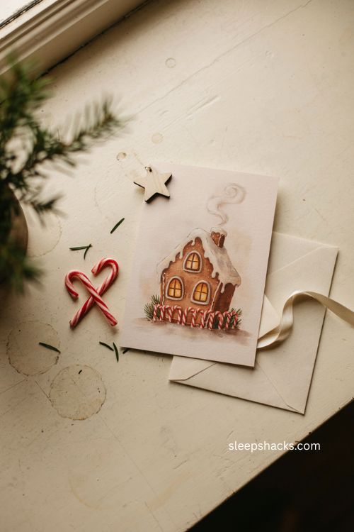 Gingerbread house Christmas card with candy cane fence and cozy icing 