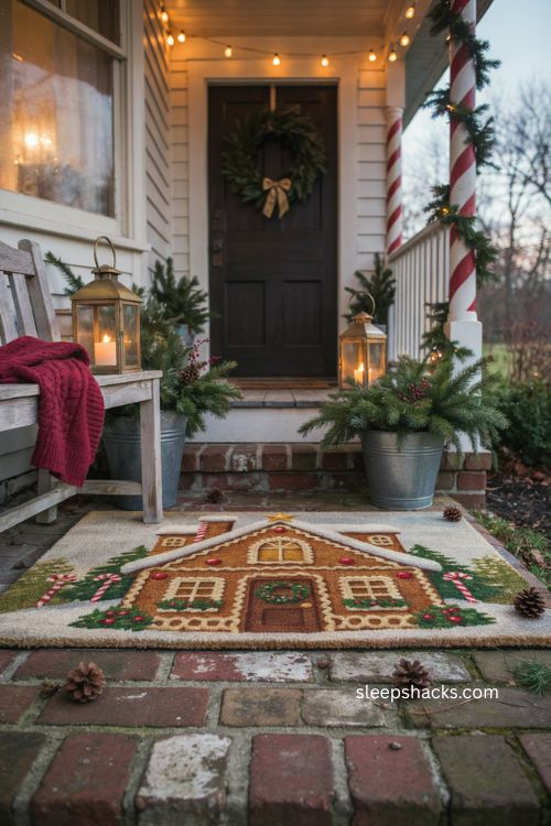 Gingerbread house Christmas doormat with warm string lights and whimsical holiday porch decor 