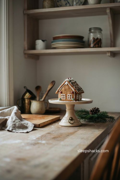 Gingerbread house on a cake stand for cozy Christmas kitchen counter decor 