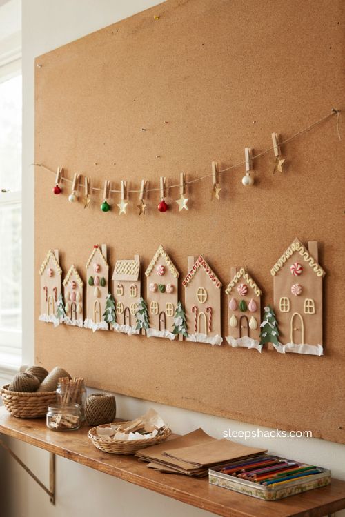 Gingerbread house row Christmas bulletin board ideas for a sweet classroom 