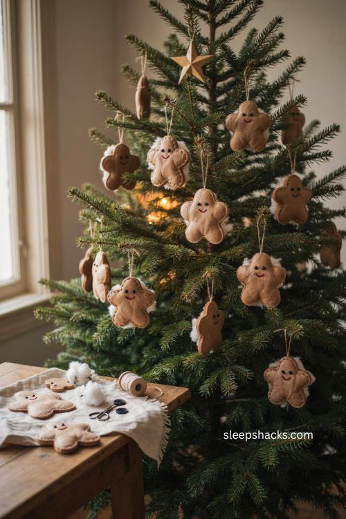 Gingerbread paper ornaments with puffed kraft paper shapes button eyes and cozy christmas tree charm 