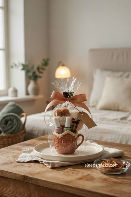 Gingerbread spa mug Christmas gift with nail polish body cream hair clip and fuzzy socks 