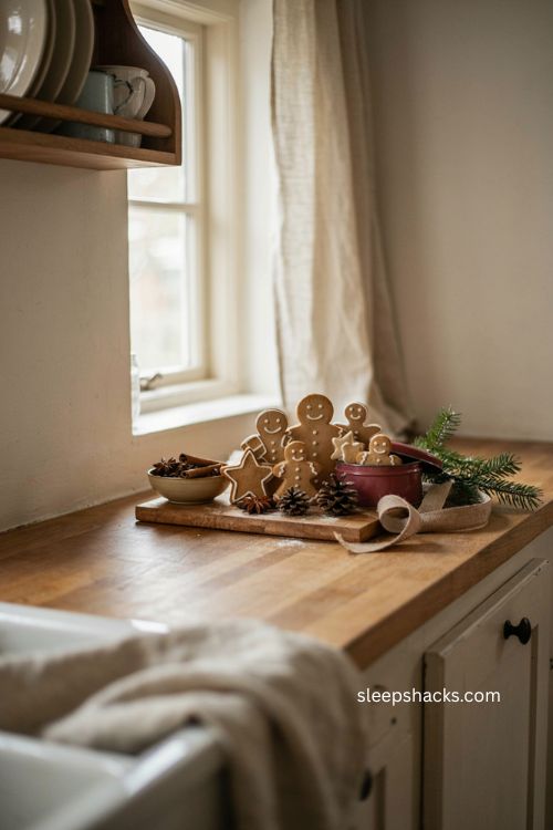 Gingerbread themed Christmas display with greenery in cozy farmhouse kitchen 