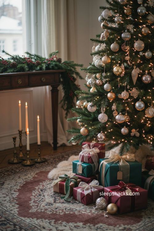 Glam Christmas gift wrapping ideas with jewel tones and metallic ribbon