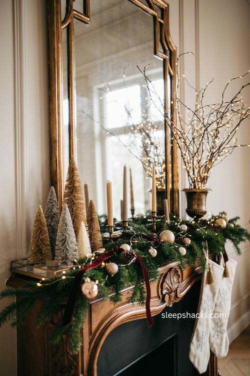 Glam Christmas mantel decor ideas with layered heights and glowing trees