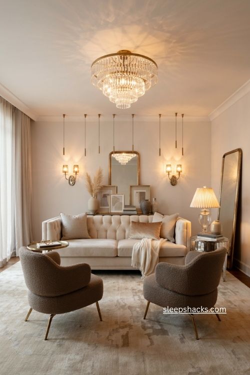 Glam living room decor with crystal chandelier glass lamp and layered lighting 
