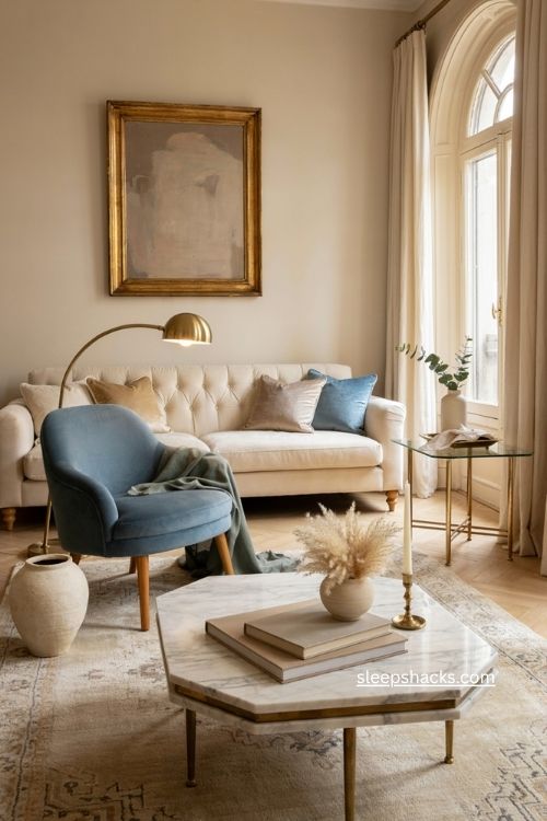Glam living room decor with marble glass brass accents and velvet furniture 