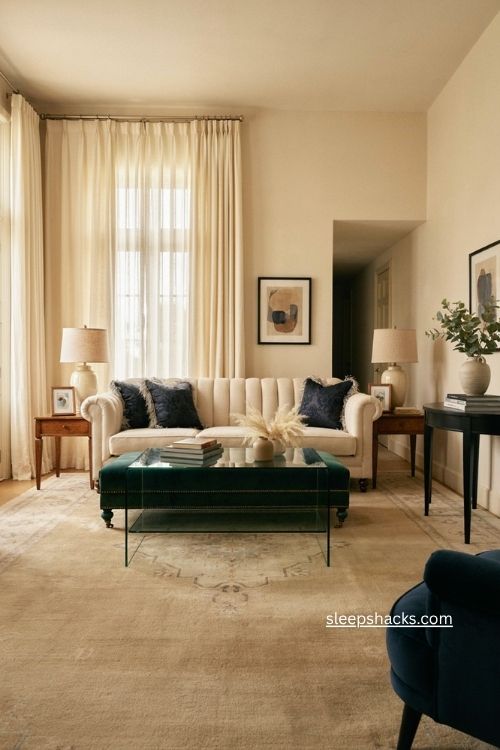 Glam living room decor with neutral furniture and jewel tone velvet accents 