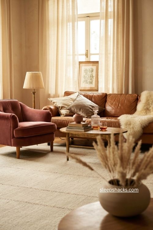 Glam living room decor with plush velvet leather sheepskin and high pile textures 