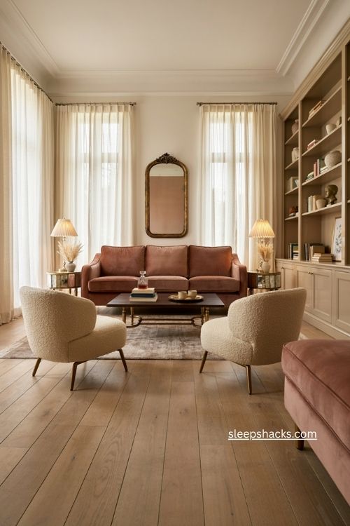 Glam living room decor with velvet seating mirrored accents and warm old hollywood elegance 