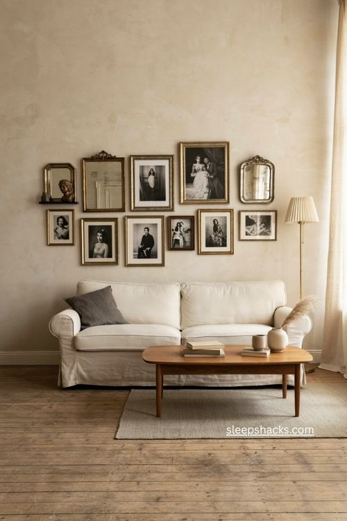 Glam living room gallery wall with black and white photography ornate mirrors and metallic frames 