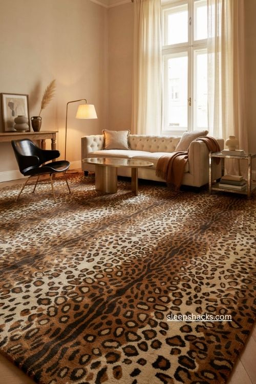 Glam living room with animal print rug velvet furniture and neutral elegant decor 