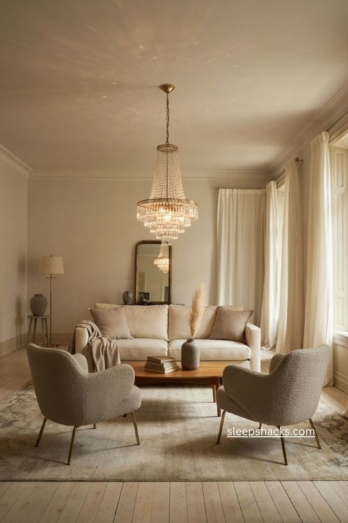 Glam living room with crystal chandelier velvet sofa and elegant old hollywood decor 