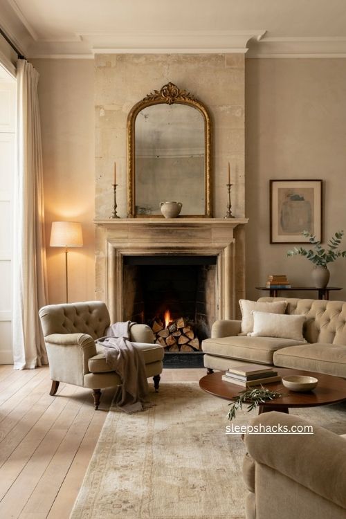 Glam living room with elegant fireplace mantel ornate mirror velvet seating and warm decor 