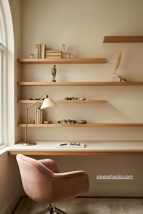Glam office shelf styling ideas with crystal gold and books 