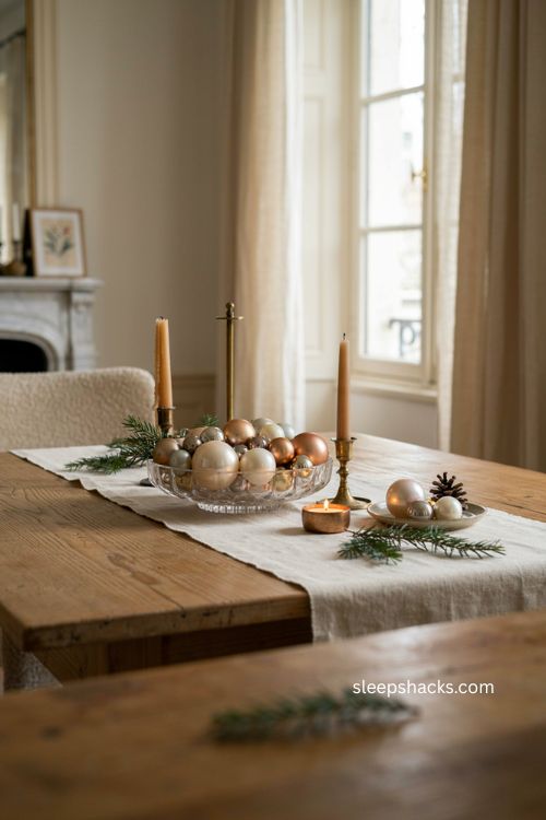 Glass bowl Christmas ornament centerpiece ideas with elegant metallic baubles 
