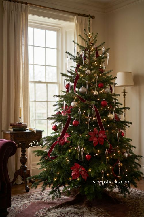 Glass icicle ornaments on a red and silver Christmas tree 