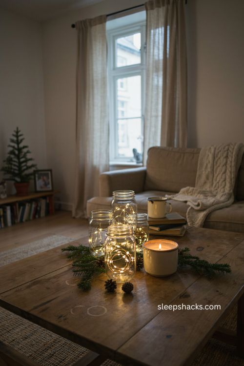 Glass jars with warm led lights christmas coffee table decor 