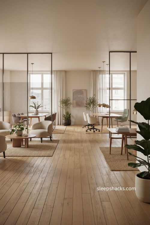 Glass partition walls in modern corporate office with airy connected meeting spaces and greenery