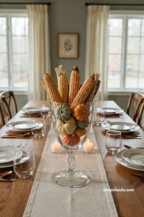 Glittered Indian corn and squash Thanksgiving centerpiece in a glass compote with golden sparkle
