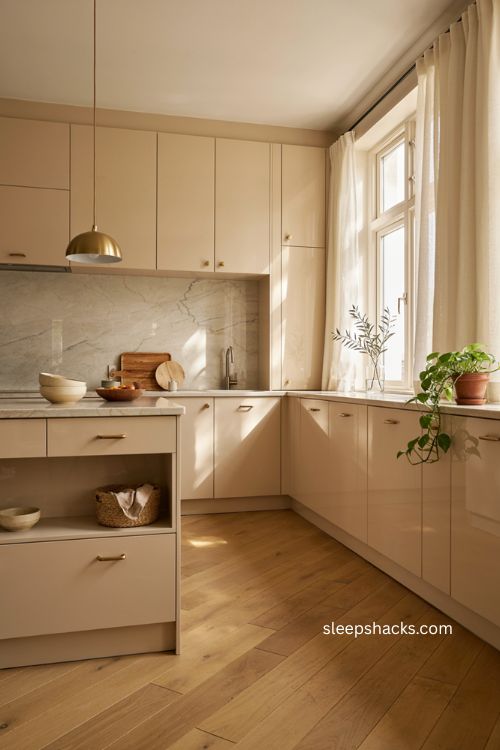 Glossy beige kitchen with marble backsplash soft gold hardware and afternoon sunlight 