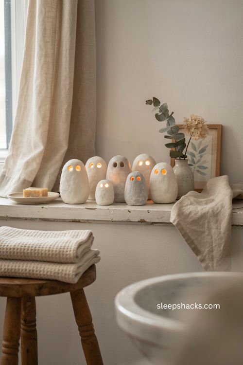 Glowing ghost tea light holders with handmade clay texture for cozy Halloween decor 