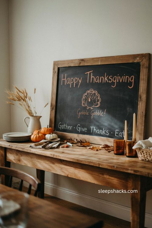 Gobble till you wobble Thanksgiving chalkboard idea with rustic buffet table and fall decor 