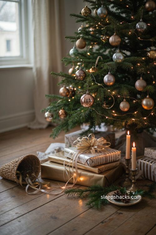 Gold and silver Christmas wrapping paper ideas with metallic ribbons under the tree 