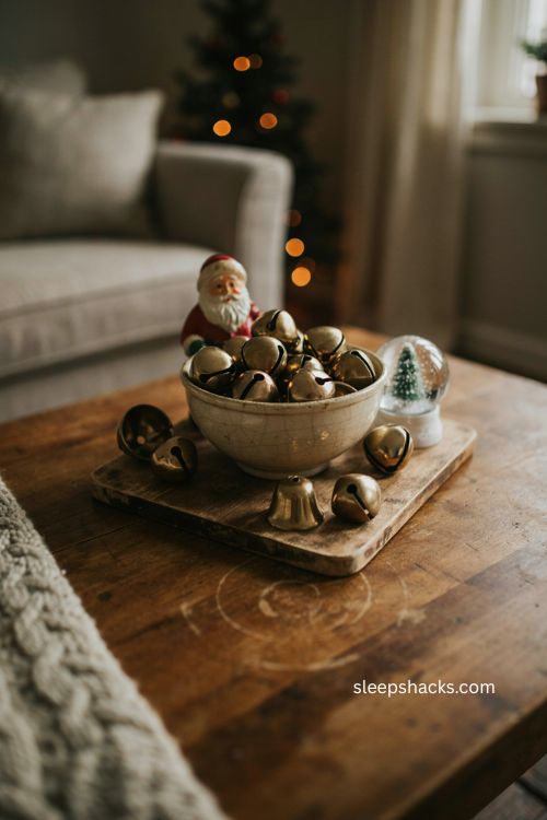 Gold bells in a wood tray christmas coffee table decor 