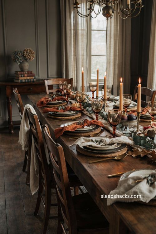 Gold flatware Thanksgiving tablescape with sage linen napkins greenery candlelight and moody fall decor 